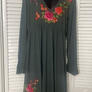 Johnny Was JWLA Floral Embroidered Long Sleeve Dress.  Steel grey/green in color